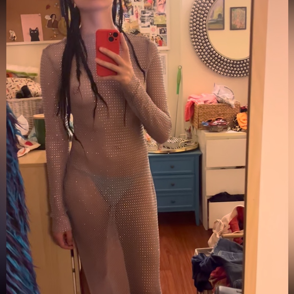 Shimmering Silver Mesh Dress with Side Slits - Picture 7 of 7